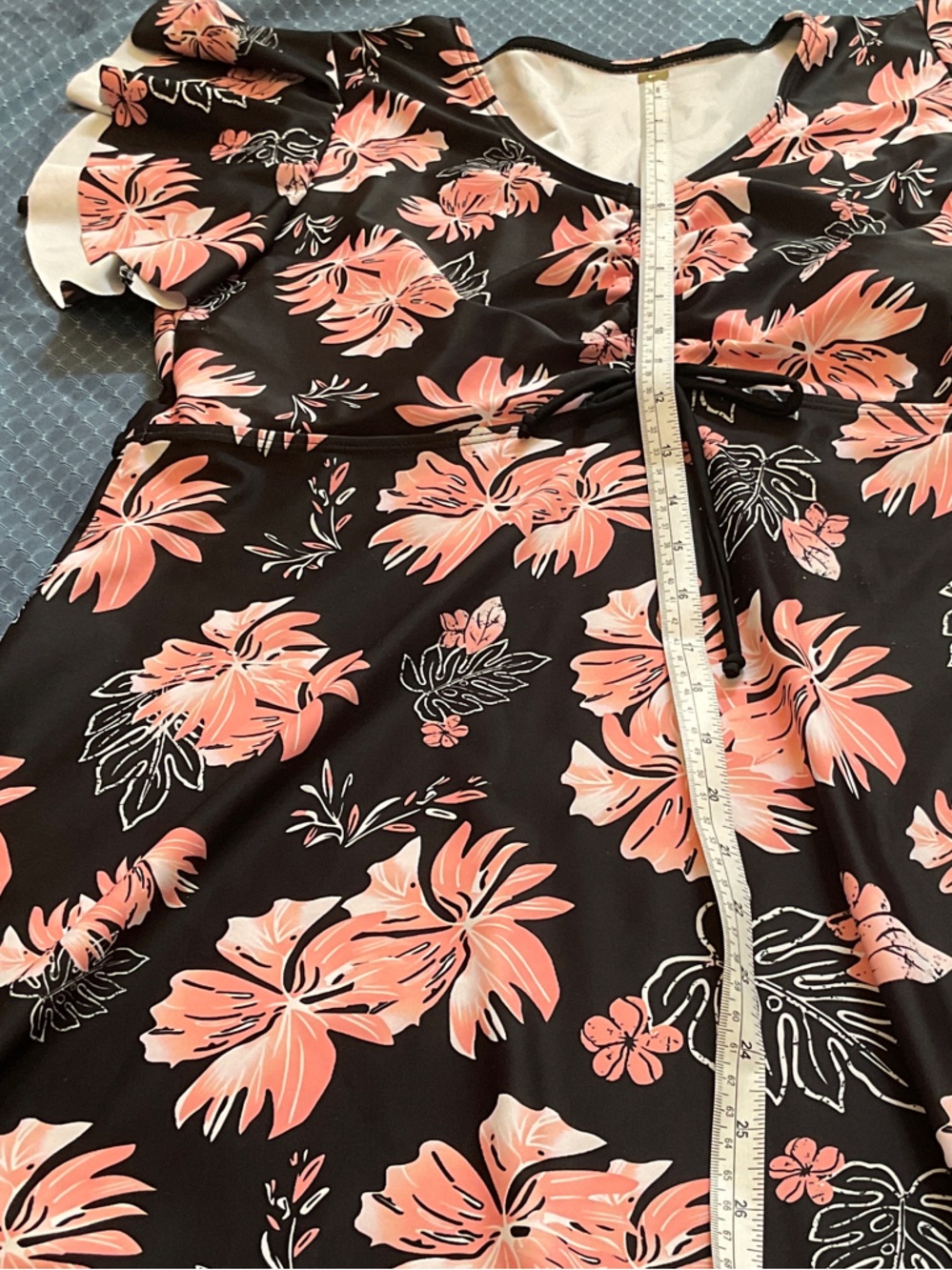 Women’s Black Floral Swim Dress with Coral Pink Print